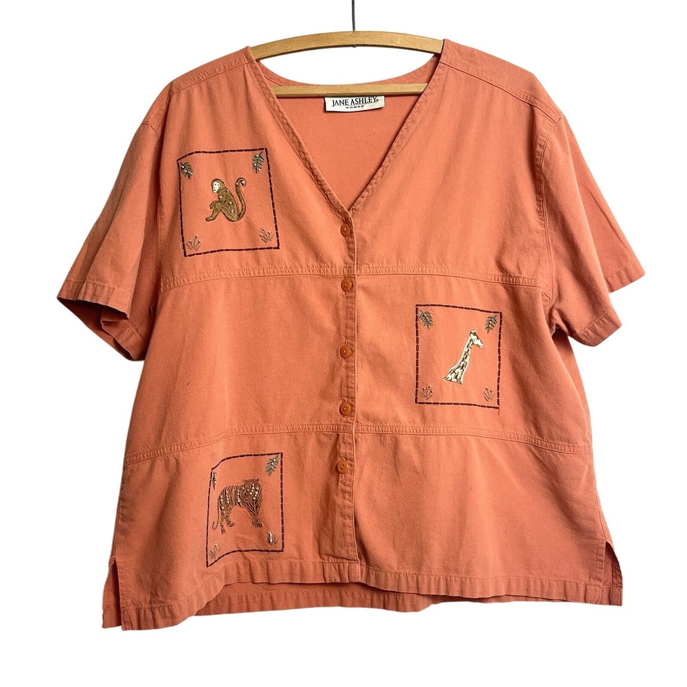 VTG Jane Ashley Button Up Novelty Animal Zoo Shirt Orange S Giraffe Monkey‎ Lion